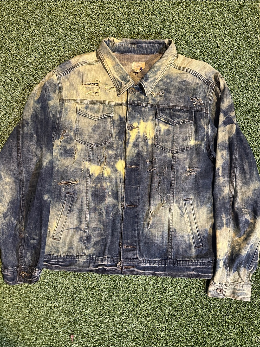 Trevero Distressed Blue Denim Jacket with Faded Yellow Accents Size XL
